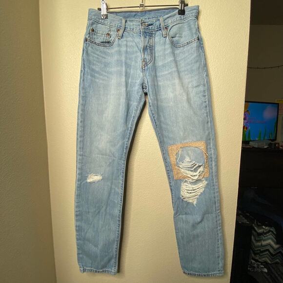 Levi's 501 Jeans Patch Knee Button Fly Distressed Hi-Rise Light Wash Denim Sz 24 - Picture 4 of 14